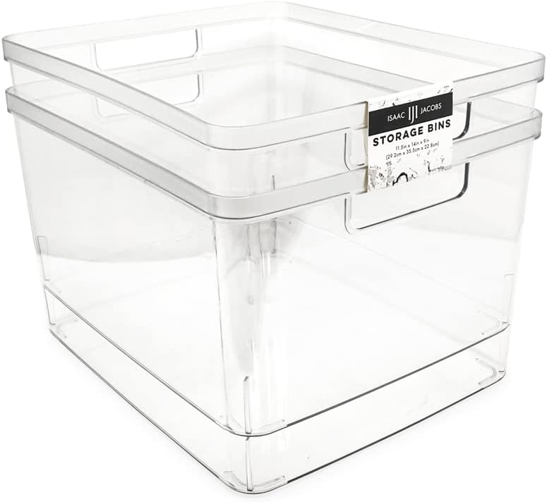Isaac Jacobs 2-Pack Square Clear Storage Bins (10” L x 10” W x 6.1” H) w/Cutout Handles, Plastic Organizer for Home, Office, Kitchen, Fridge/Freezer, Bathroom, BPA Free, Food Safe (2-Pack, Square)