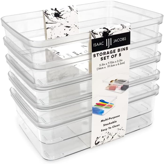 Isaac Jacobs 2-Pack Square Clear Storage Bins (10” L x 10” W x 6.1” H) w/Cutout Handles, Plastic Organizer for Home, Office, Kitchen, Fridge/Freezer, Bathroom, BPA Free, Food Safe (2-Pack, Square)
