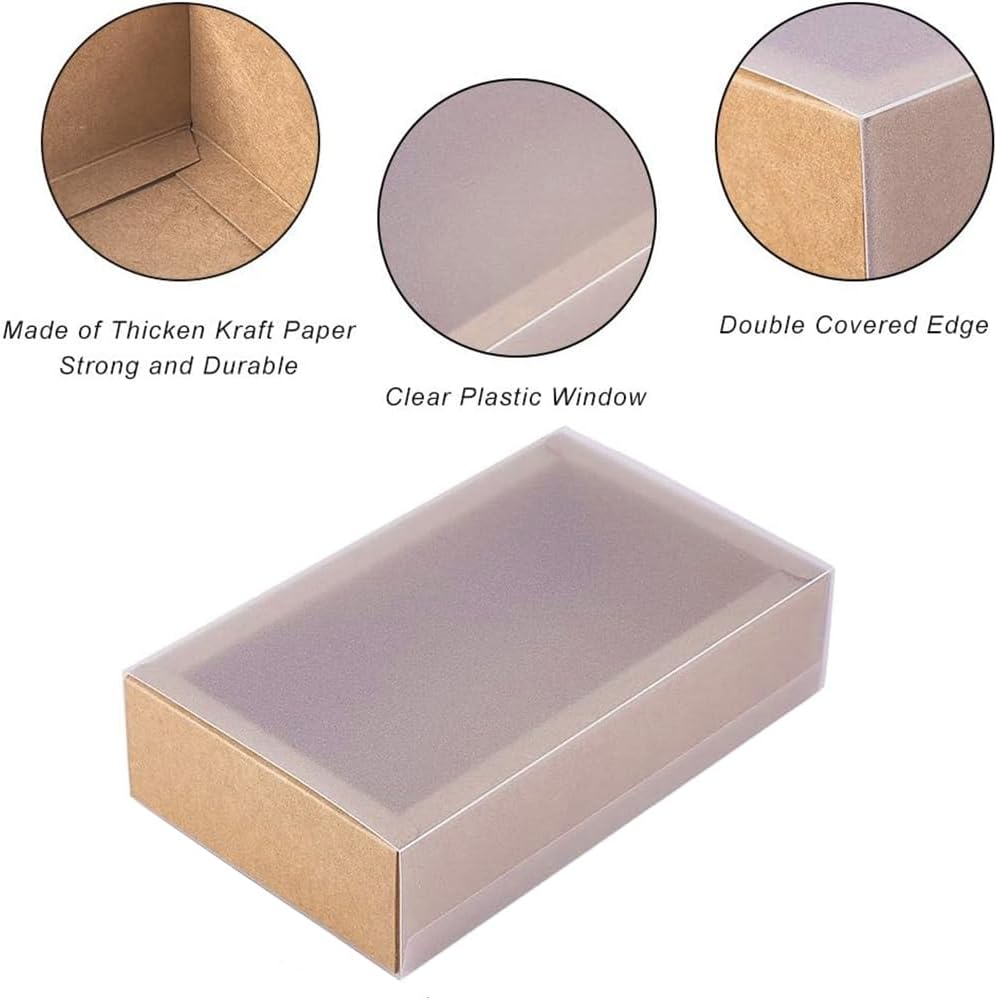 BENECREAT 30 Pack Rectangle Brown Kraft Boxes, 6x3x1.5 inch Present Packaging Boxes with Frosted PVC Windows for Chocolates, Handmade Soap, Cosmetic Samples