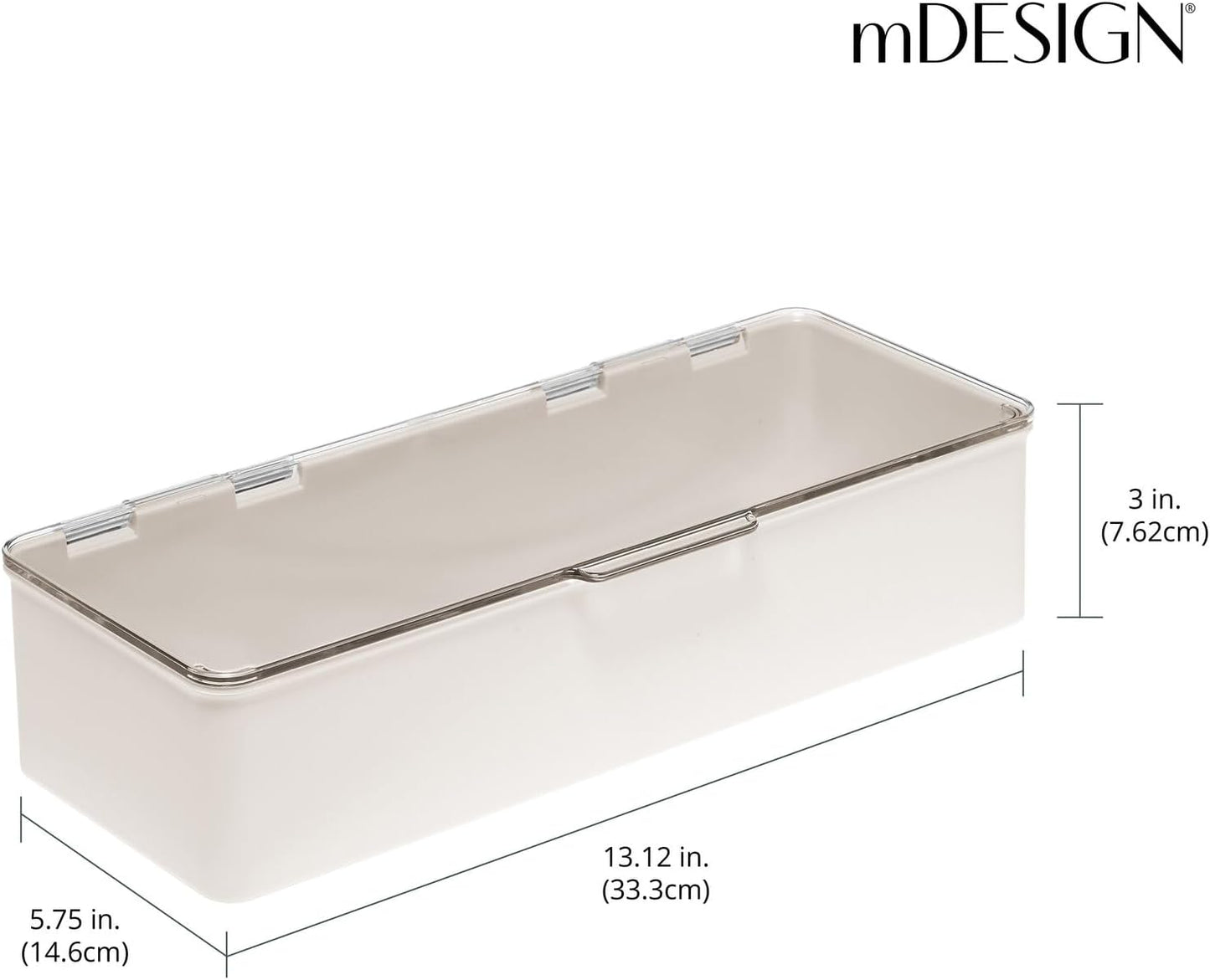 mDesign Long Plastic Cosmetic Storage Organizer Box Containers, Hinged Lid for Bedroom, Bathroom Vanity Shelf or Cabinet, Holds Masks, Palettes, Lotion, Nail Polish, 2 Pack, Cream/Beige/Clear