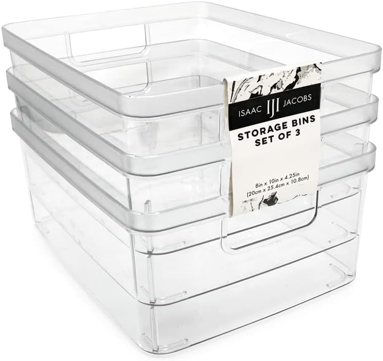 Isaac Jacobs 2-Pack Square Clear Storage Bins (10” L x 10” W x 6.1” H) w/Cutout Handles, Plastic Organizer for Home, Office, Kitchen, Fridge/Freezer, Bathroom, BPA Free, Food Safe (2-Pack, Square)
