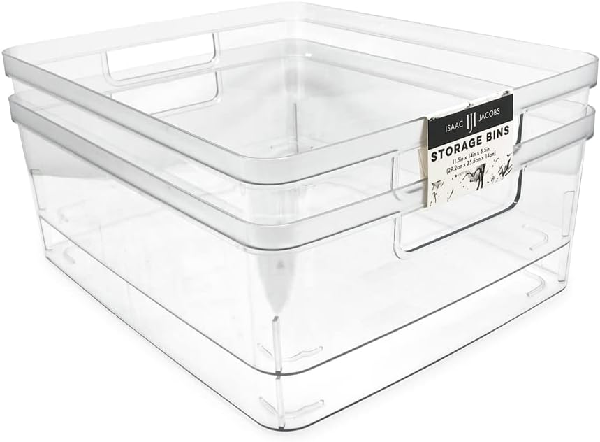 Isaac Jacobs 2-Pack Square Clear Storage Bins (10” L x 10” W x 6.1” H) w/Cutout Handles, Plastic Organizer for Home, Office, Kitchen, Fridge/Freezer, Bathroom, BPA Free, Food Safe (2-Pack, Square)