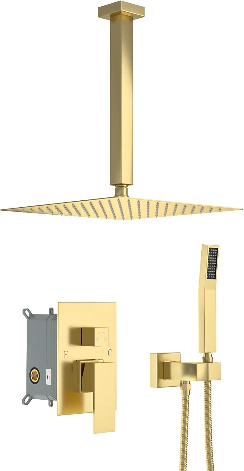 Lordear 12 Inch Rainfall Shower System Wall Mounted Shower Head Faucet Set Gold Brushed Stainless Steel Showerhead with Handheld Combo, Brass Valve Included