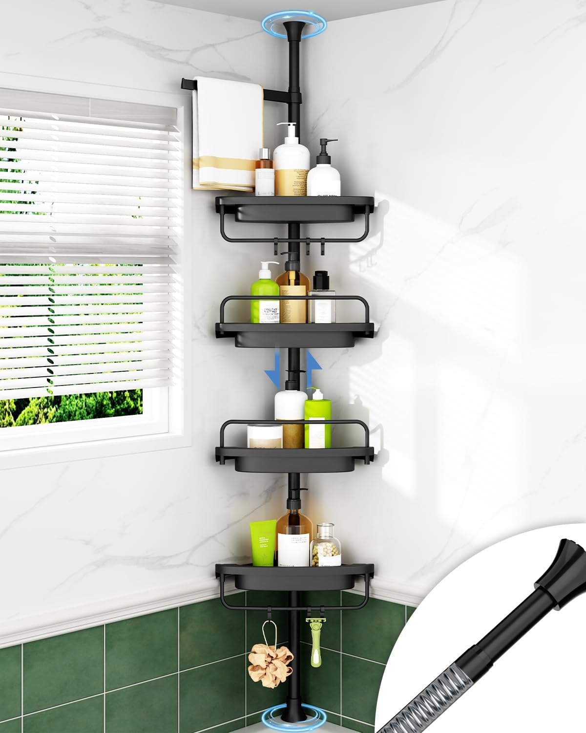 ALLZONE Rustproof Shower Caddy Corner for Bathroom,Bathtub Storage Organizer for Shampoo Accessories,4-Tier Adjustable Shelves with Tension Pole, 34 to 116 Inch, Black