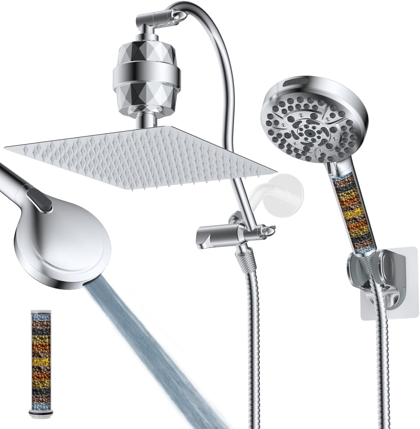 Hibbent All Metal Shower Head, 10'' High Pressure Rainfall Shower Head/Handheld Showerhead Combo with 12'' Adjustable Curve Shower Extension Arm, 10 Sprays, 71'' Shower Hose, Showerhead Holder, Chrome