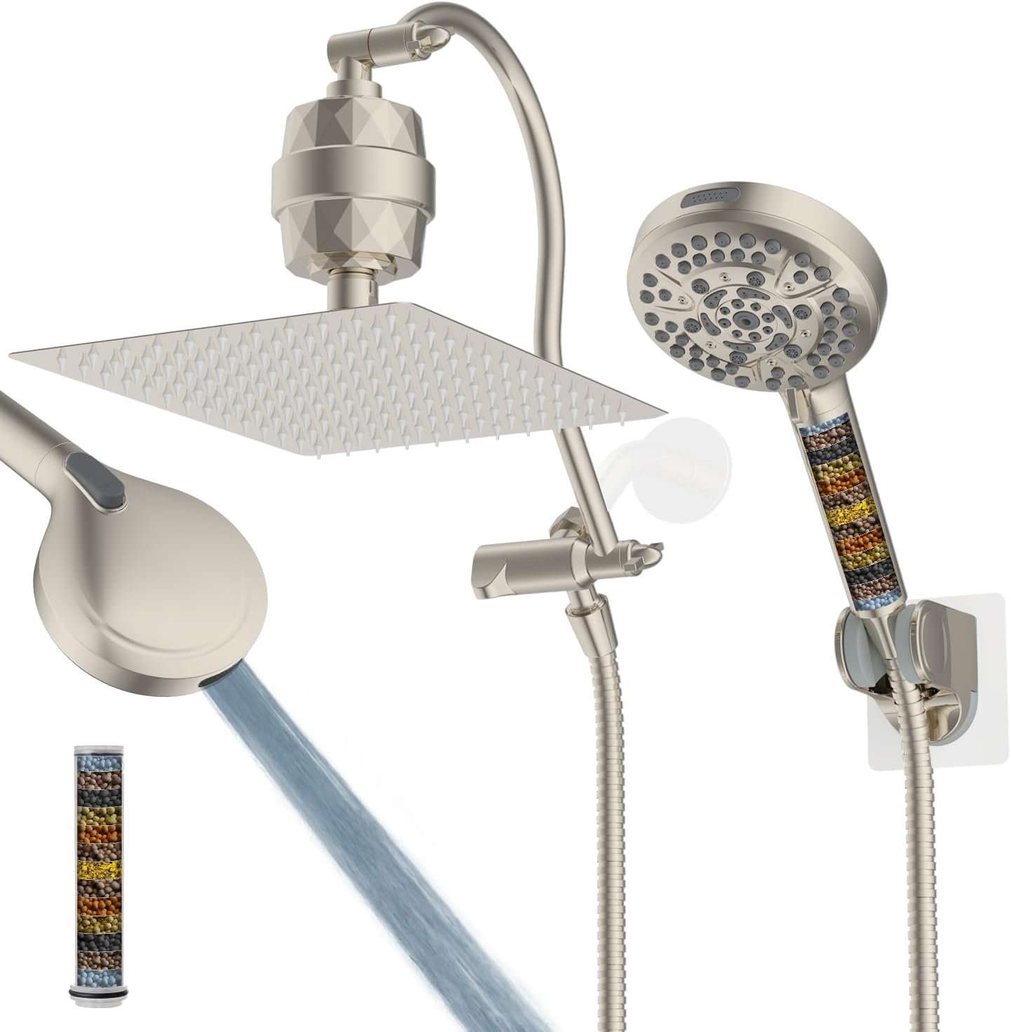 Hibbent All Metal Shower Head, 10'' High Pressure Rainfall Shower Head/Handheld Showerhead Combo with 12'' Adjustable Curve Shower Extension Arm, 10 Sprays, 71'' Shower Hose, Showerhead Holder, Chrome