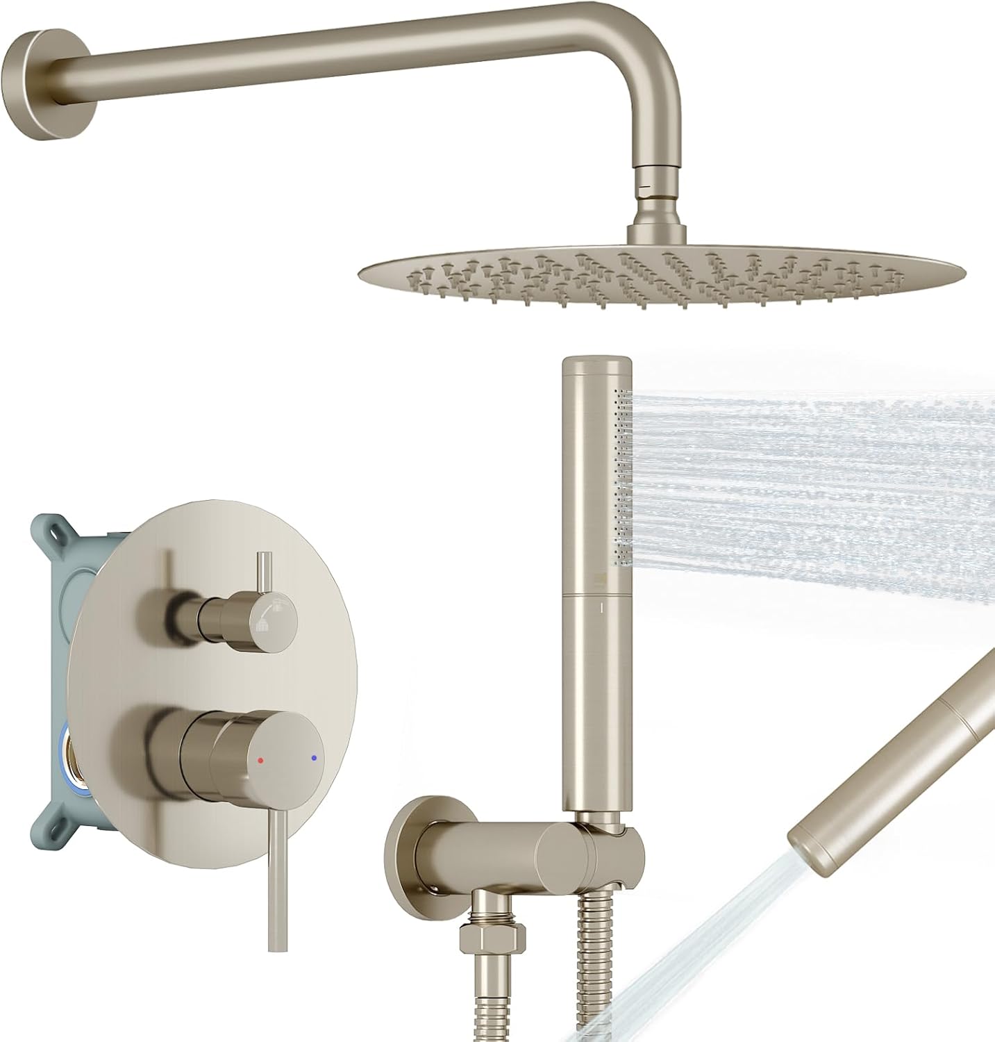 BESy Shower System with 10 Inch Round Rain Shower Head and Handheld Wall Mounted, High Pressure Rainfall Heads Shower Faucet Fixture Combo Set with 2 in 1 Spray Showerhead for Bathroom, Matte Black