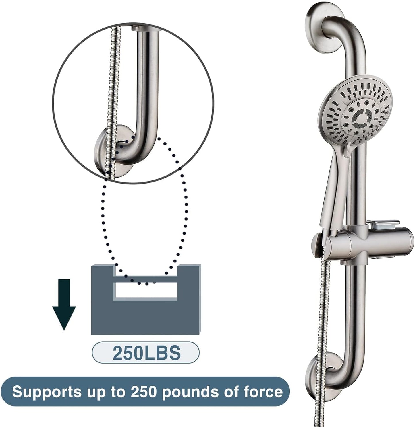 BRIGHT SHOWERS Stainless Steel Slide Bar Grab Rail Set Ada compliant Includes Handheld Shower Head and 69-Inch Hose (Brushed Nickel)