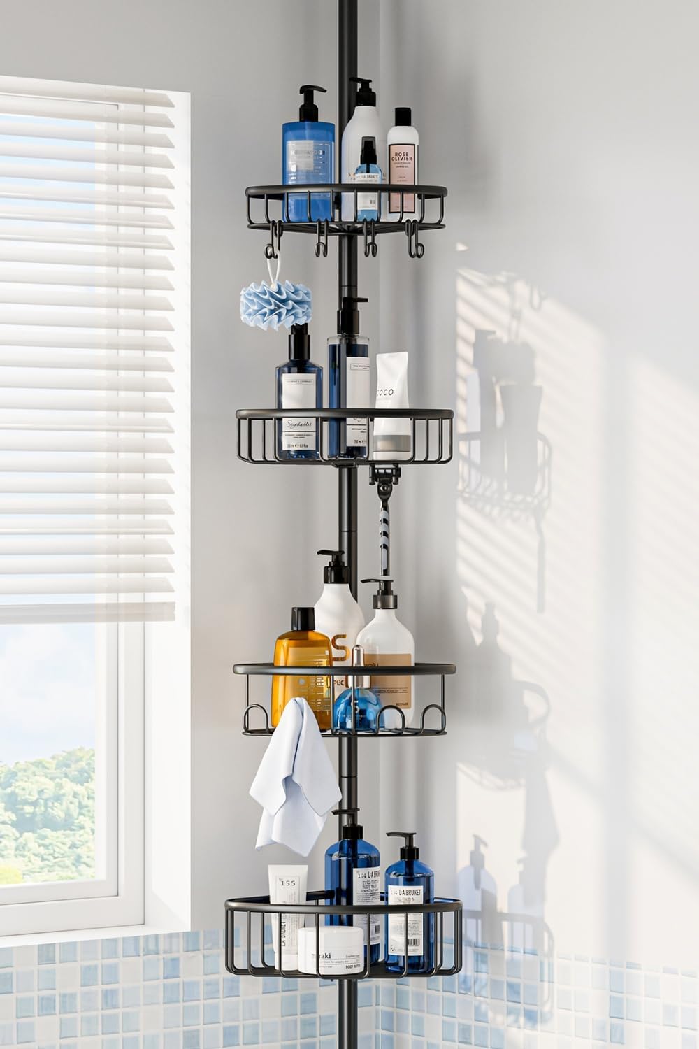 Corner Shower Caddy Tension Pole: Stainless Steel Rustproof 4-Tier Shower Organizer - 47-121 inch Adjustable Bathroom Shelves for Bathtub Shampoo Storage - Tension Rod Floor Standing Bath Rack - Black