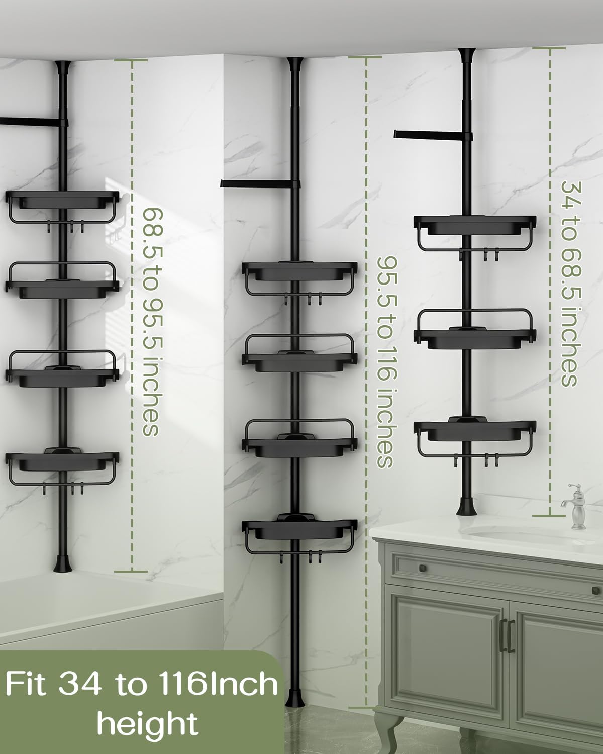 ALLZONE Rustproof Shower Caddy Corner for Bathroom,Bathtub Storage Organizer for Shampoo Accessories,4-Tier Adjustable Shelves with Tension Pole, 34 to 116 Inch, Black