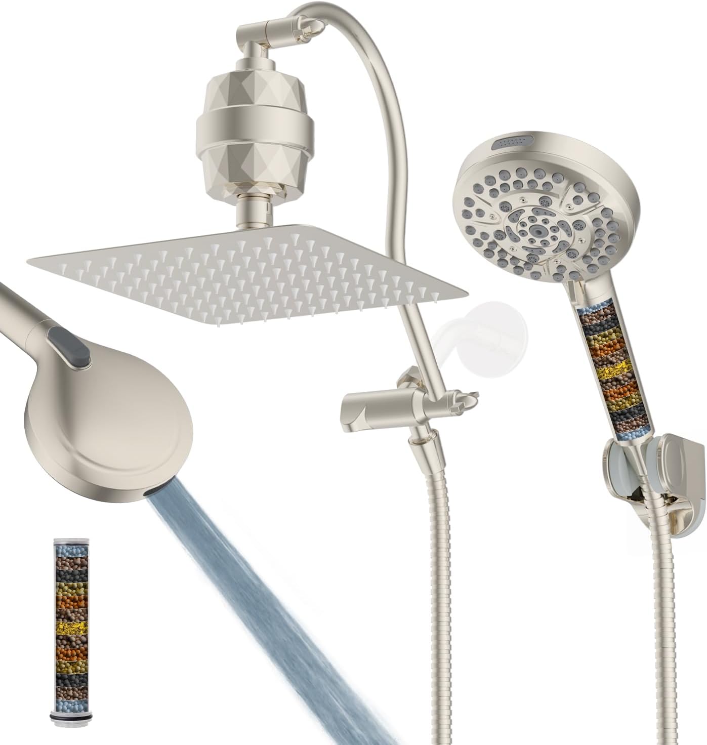 Hibbent All Metal Shower Head, 10'' High Pressure Rainfall Shower Head/Handheld Showerhead Combo with 12'' Adjustable Curve Shower Extension Arm, 10 Sprays, 71'' Shower Hose, Showerhead Holder, Chrome