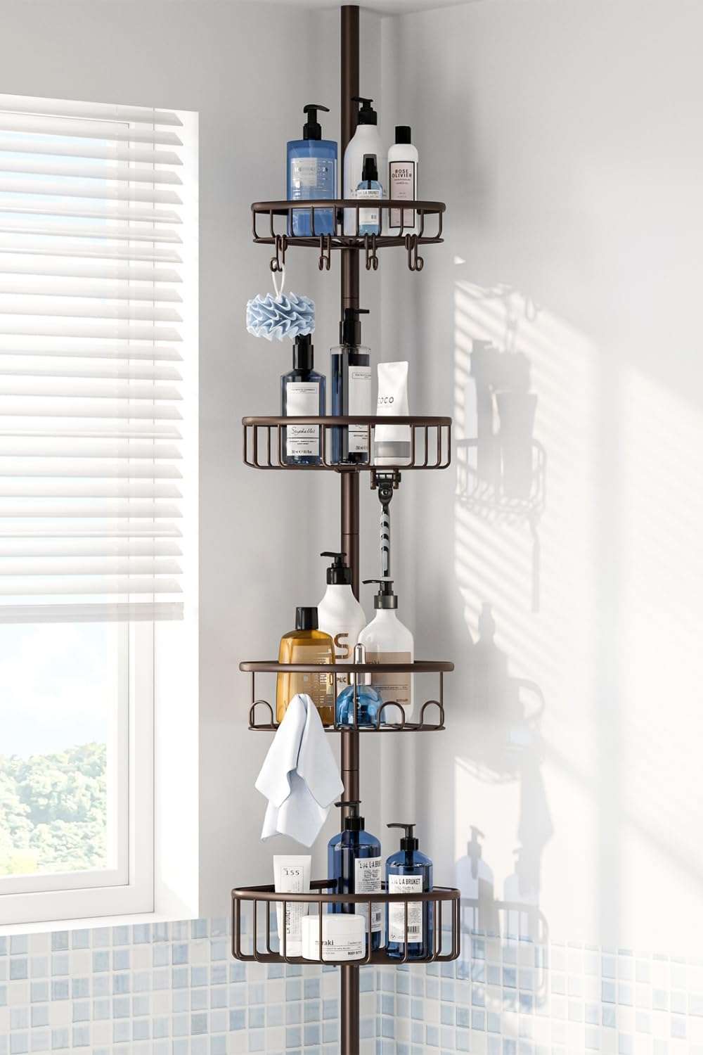 Corner Shower Caddy Tension Pole: Stainless Steel Rustproof 4-Tier Shower Organizer - 47-121 inch Adjustable Bathroom Shelves for Bathtub Shampoo Storage - Tension Rod Floor Standing Bath Rack - Black
