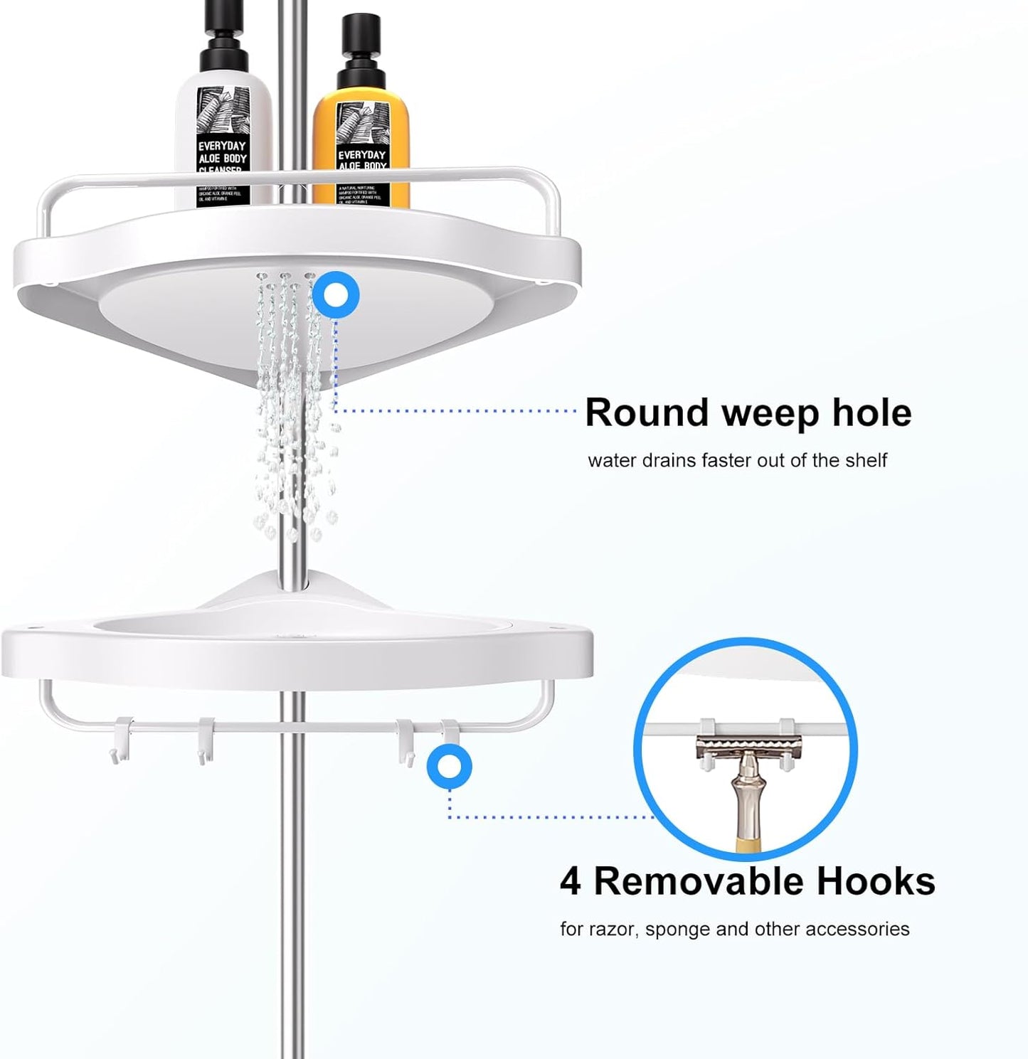 HAMITOR Corner Shower Caddy Tension Pole: Adjustable Stainless Steel Shower Organizer with 4 Tier Shelf for Bathroom Bathtub Tub Shampoo - Floor Standing Rack Bath Storage Holder with Rust Proof Rods