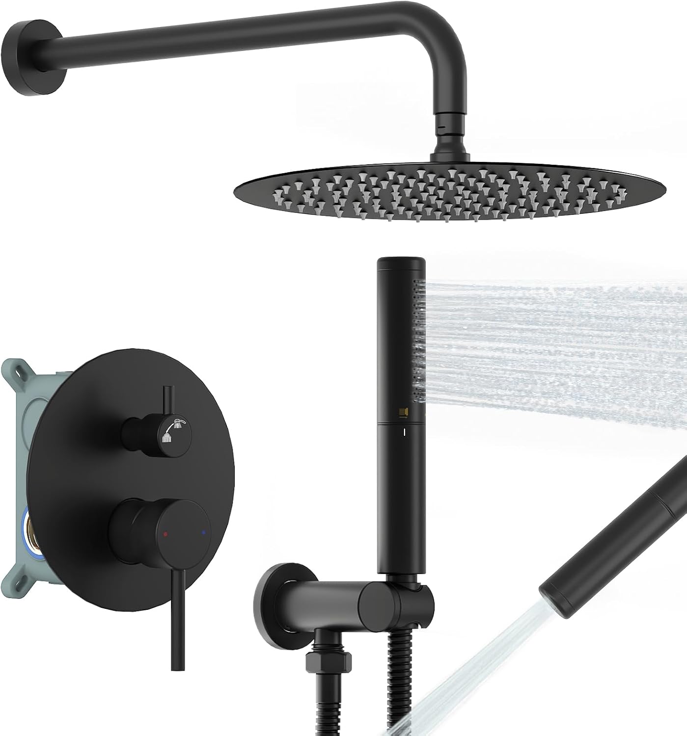 BESy Shower System with 10 Inch Round Rain Shower Head and Handheld Wall Mounted, High Pressure Rainfall Heads Shower Faucet Fixture Combo Set with 2 in 1 Spray Showerhead for Bathroom, Matte Black