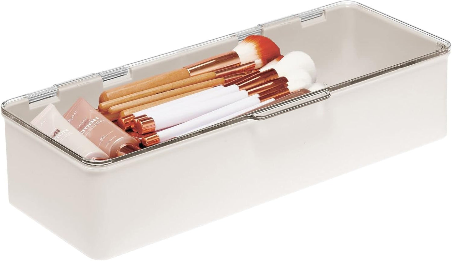 mDesign Long Plastic Cosmetic Storage Organizer Box Containers, Hinged Lid for Bedroom, Bathroom Vanity Shelf or Cabinet, Holds Masks, Palettes, Lotion, Nail Polish, 2 Pack, Cream/Beige/Clear