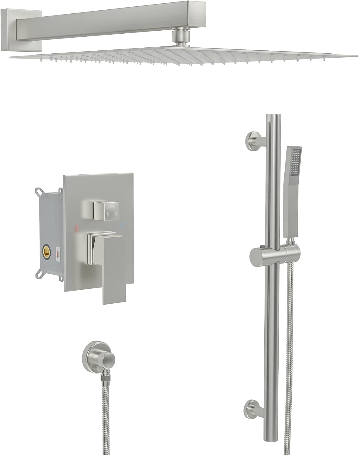 Lordear 12 Inch Rainfall Shower System Wall Mounted Shower Head Faucet Set Gold Brushed Stainless Steel Showerhead with Handheld Combo, Brass Valve Included
