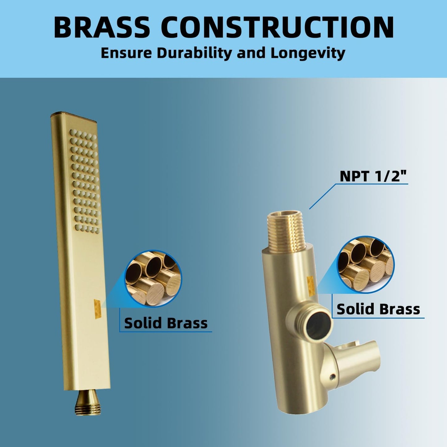 Solid Brass Handheld Shower Head Arc Design High Pressure Brushed Gold Hand Shower Wand with Adjustable Supply Elbow Wall Connector Shower Holder and 59″ Stainless Steel Hose Set