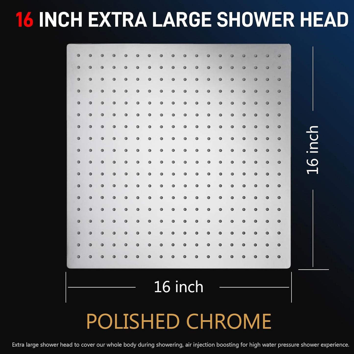 16 Inch Rain Shower Head Extra Large Rainfall Shower Head, Ultra Thin Stainless Steel Wall or Ceiling Mount Rain Showerhead, Square, Polished Chrome
