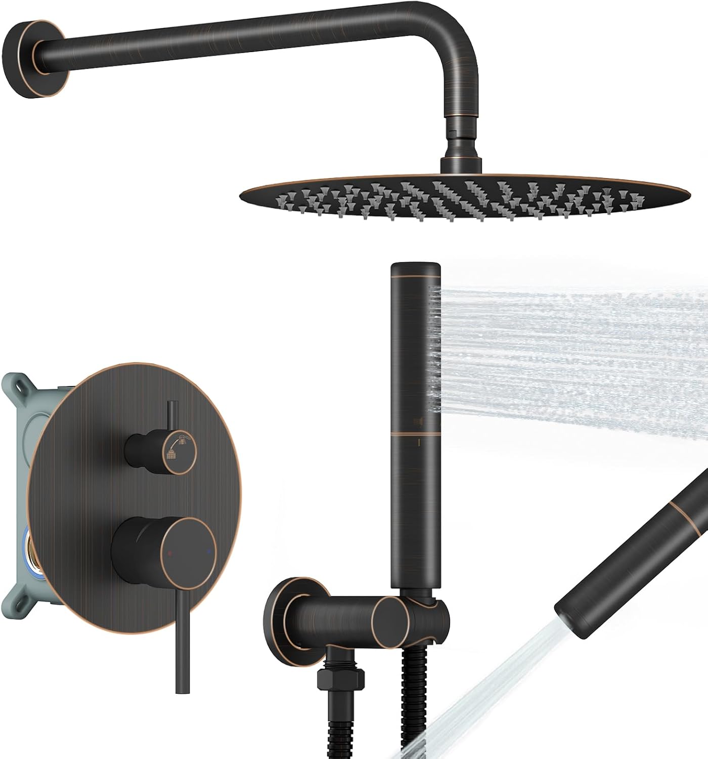 BESy Shower System with 10 Inch Round Rain Shower Head and Handheld Wall Mounted, High Pressure Rainfall Heads Shower Faucet Fixture Combo Set with 2 in 1 Spray Showerhead for Bathroom, Matte Black
