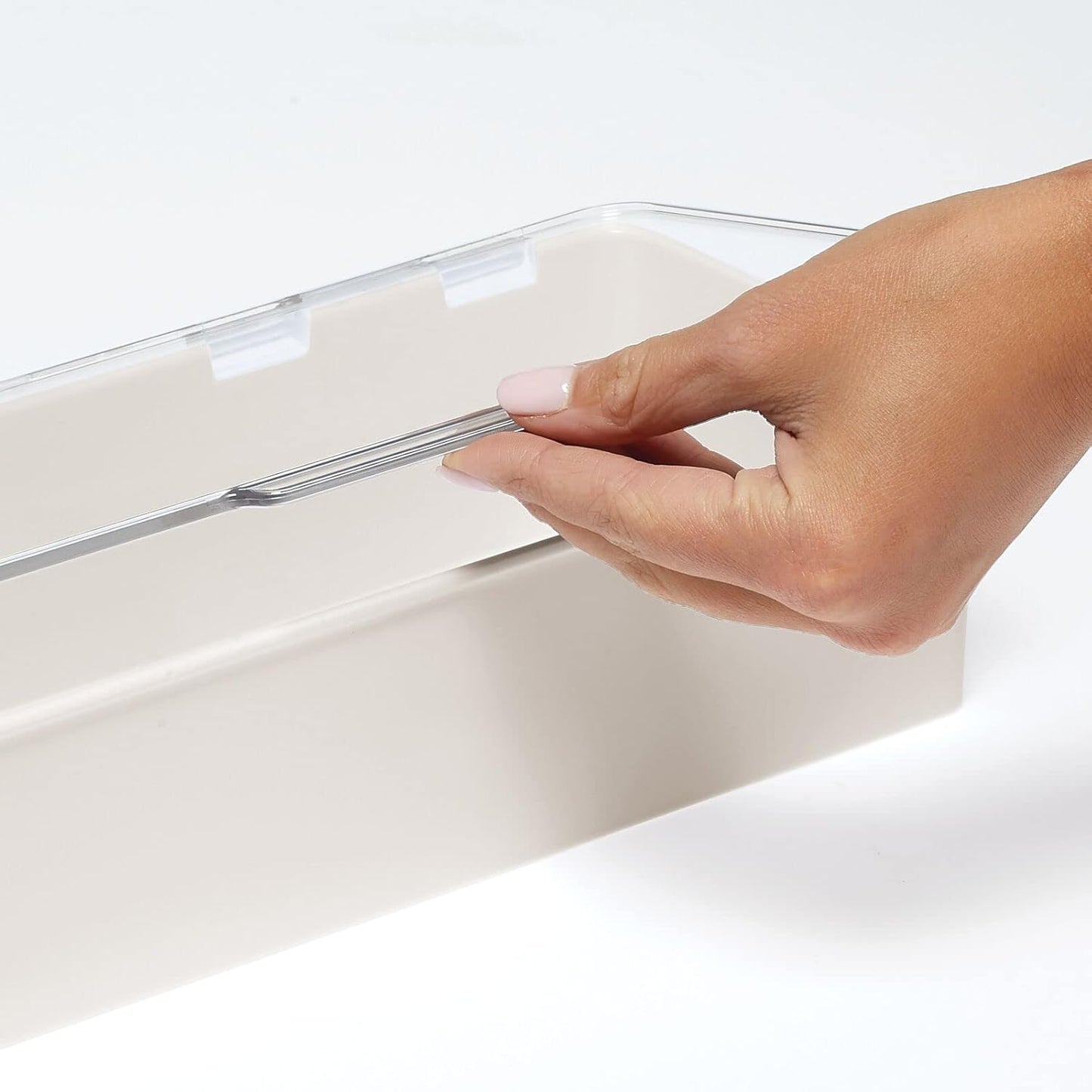 mDesign Long Plastic Cosmetic Storage Organizer Box Containers, Hinged Lid for Bedroom, Bathroom Vanity Shelf or Cabinet, Holds Masks, Palettes, Lotion, Nail Polish, 2 Pack, Cream/Beige/Clear