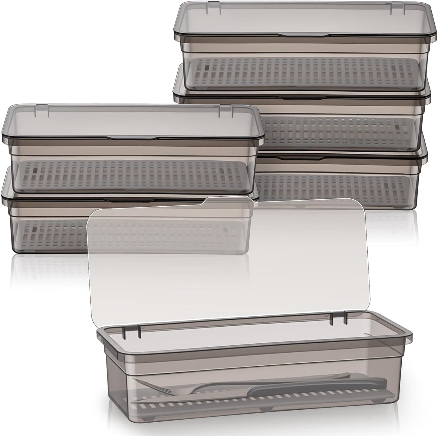 Remerry 6 Pcs Flatware Tray with Lid and Drainer, Plastic Utensil Organizer, Kitchen Cutlery Transparent Storage Box with Lid and Drain Rack, Drawer Tableware Storage Box for Home and Travel (Grey)
