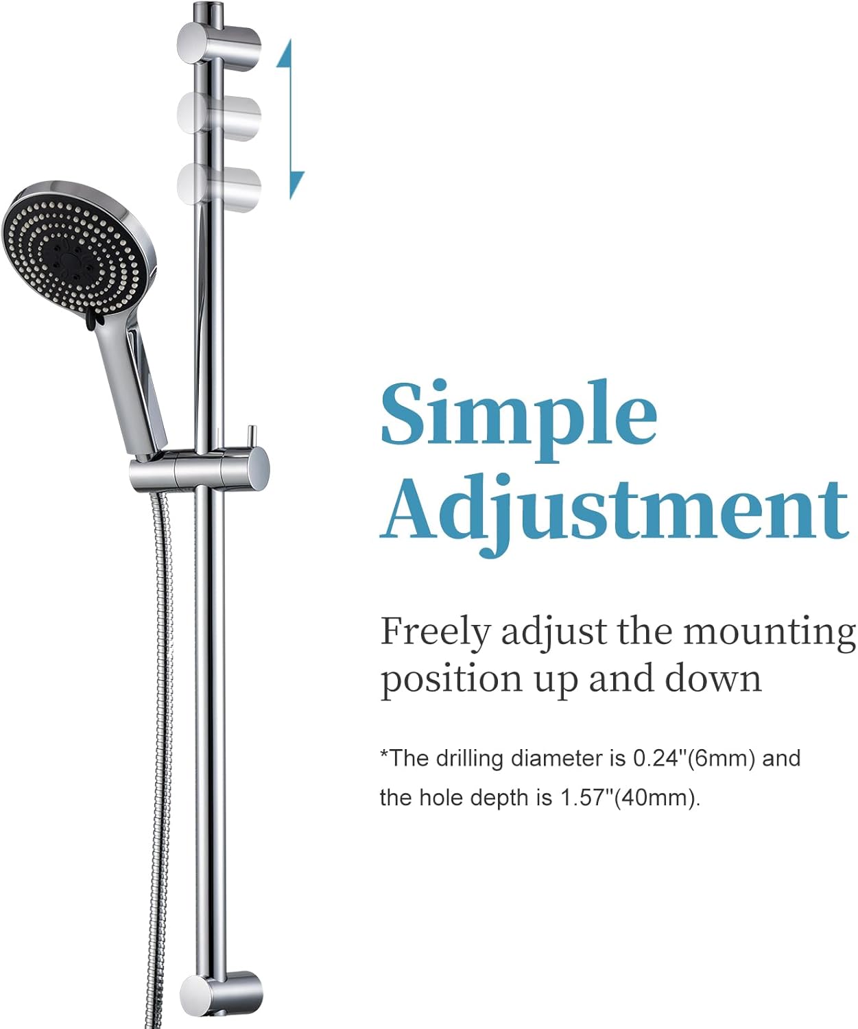 OFFO Shower Slide Bar Combo, Adjustable 33 in Slide Bar with 6-Mode High Pressure Handheld Shower Head and 60 in Stainless Steel Hose, Screw Wall Mounted, Chrome