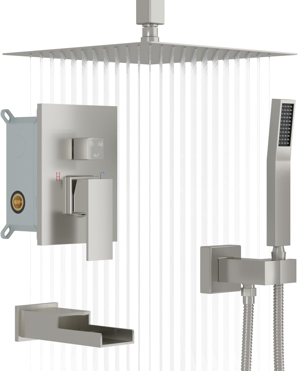 Lordear 12 Inch Rainfall Shower System Wall Mounted Shower Head Faucet Set Gold Brushed Stainless Steel Showerhead with Handheld Combo, Brass Valve Included