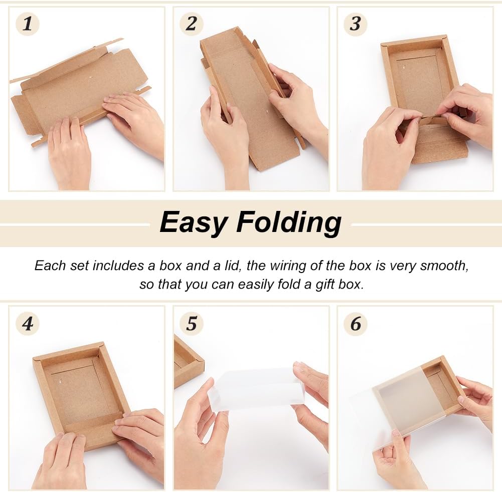 BENECREAT 30 Pack Rectangle Brown Kraft Boxes, 6x3x1.5 inch Present Packaging Boxes with Frosted PVC Windows for Chocolates, Handmade Soap, Cosmetic Samples