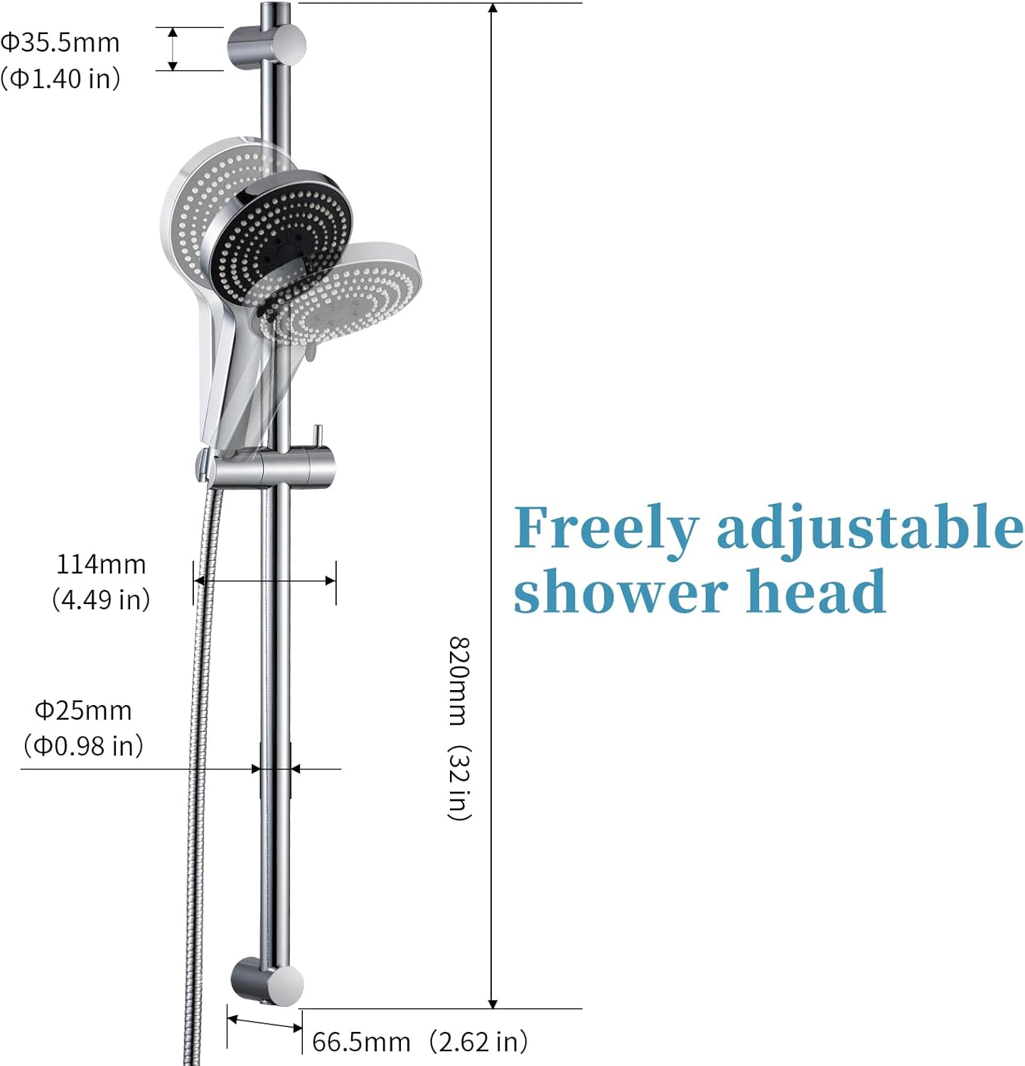 OFFO Shower Slide Bar Combo, Adjustable 33 in Slide Bar with 6-Mode High Pressure Handheld Shower Head and 60 in Stainless Steel Hose, Screw Wall Mounted, Chrome