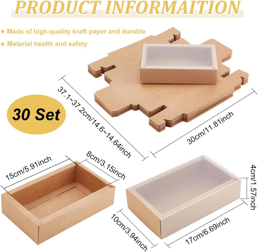 BENECREAT 30 Pack Rectangle Brown Kraft Boxes, 6x3x1.5 inch Present Packaging Boxes with Frosted PVC Windows for Chocolates, Handmade Soap, Cosmetic Samples