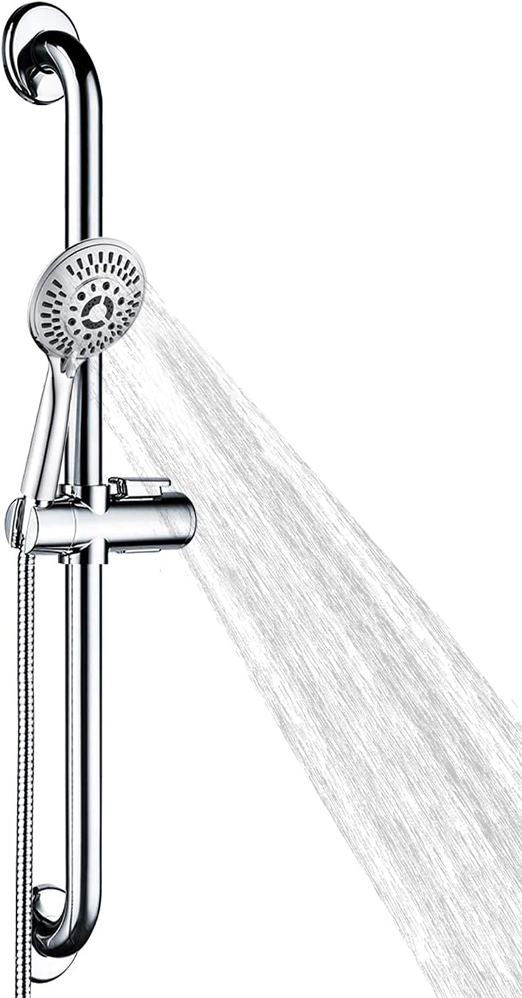 BRIGHT SHOWERS Stainless Steel Slide Bar Grab Rail Set Ada compliant Includes Handheld Shower Head and 69-Inch Hose (Brushed Nickel)