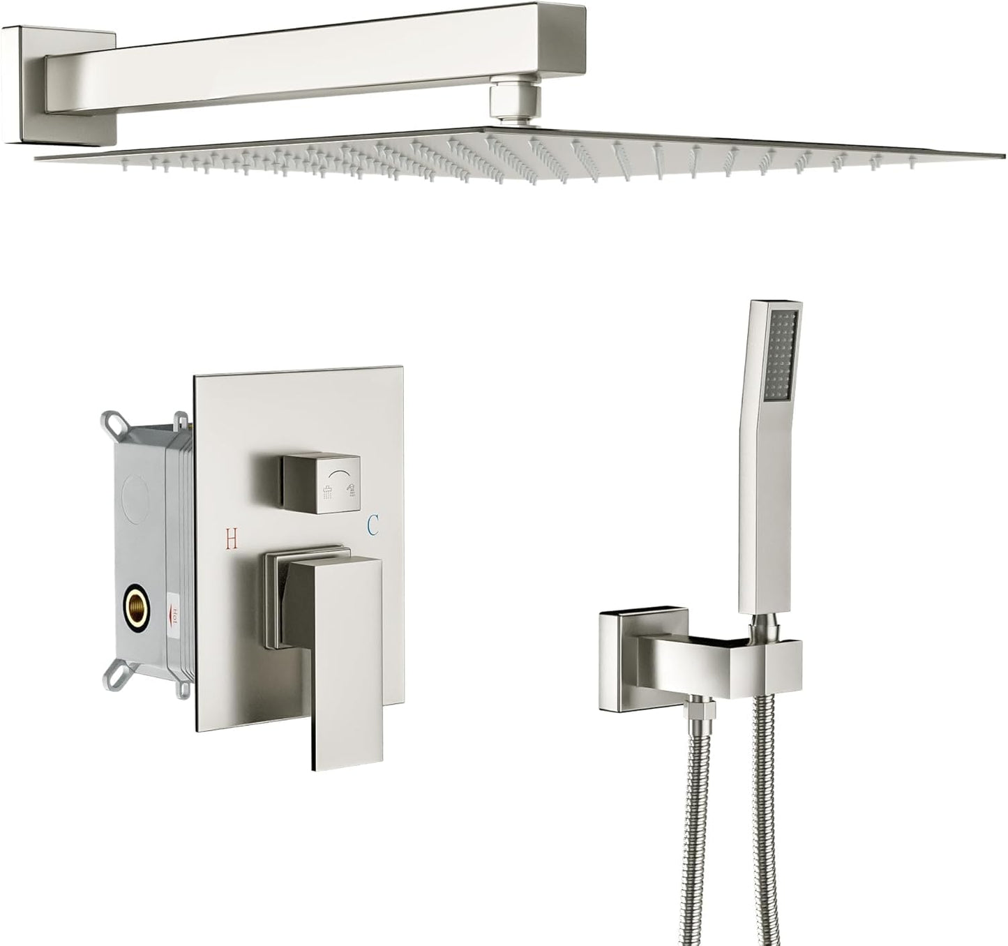 Lordear 12 Inch Rainfall Shower System Wall Mounted Shower Head Faucet Set Gold Brushed Stainless Steel Showerhead with Handheld Combo, Brass Valve Included