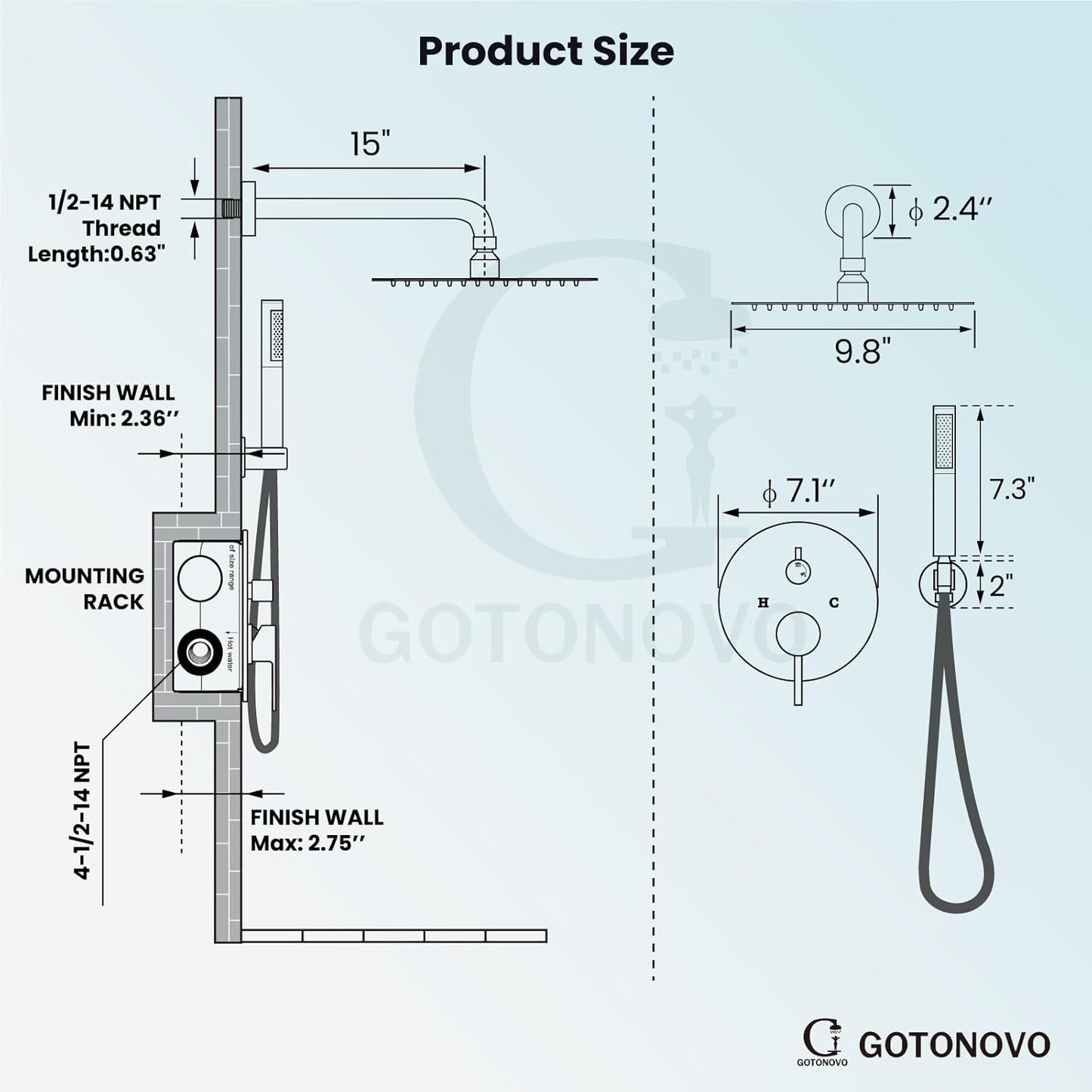 gotonovo Shower System 10 Inch Round Rainfall Showerhead Wall Mounted High Pressure Shower Faucet Set Fixture Combo with Rough in Valve and Cylindrical Handheld Spray, Matte Black