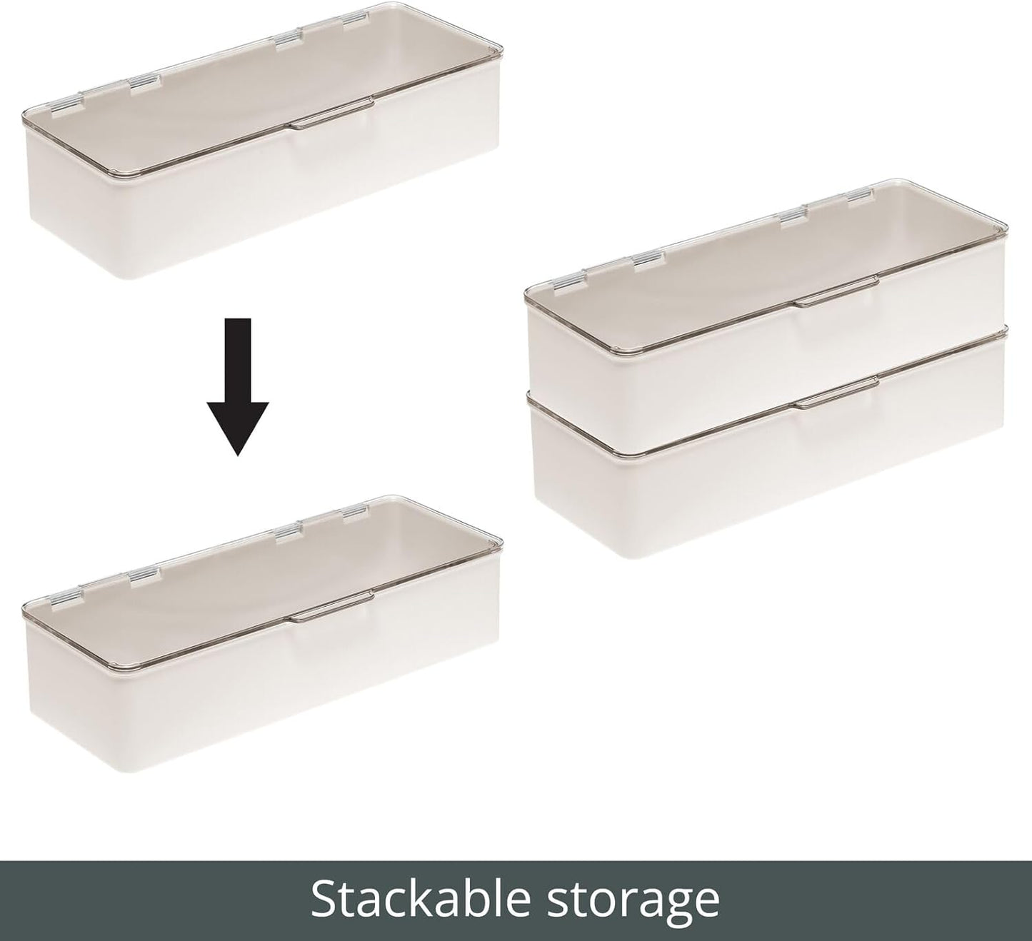 mDesign Long Plastic Cosmetic Storage Organizer Box Containers, Hinged Lid for Bedroom, Bathroom Vanity Shelf or Cabinet, Holds Masks, Palettes, Lotion, Nail Polish, 2 Pack, Cream/Beige/Clear