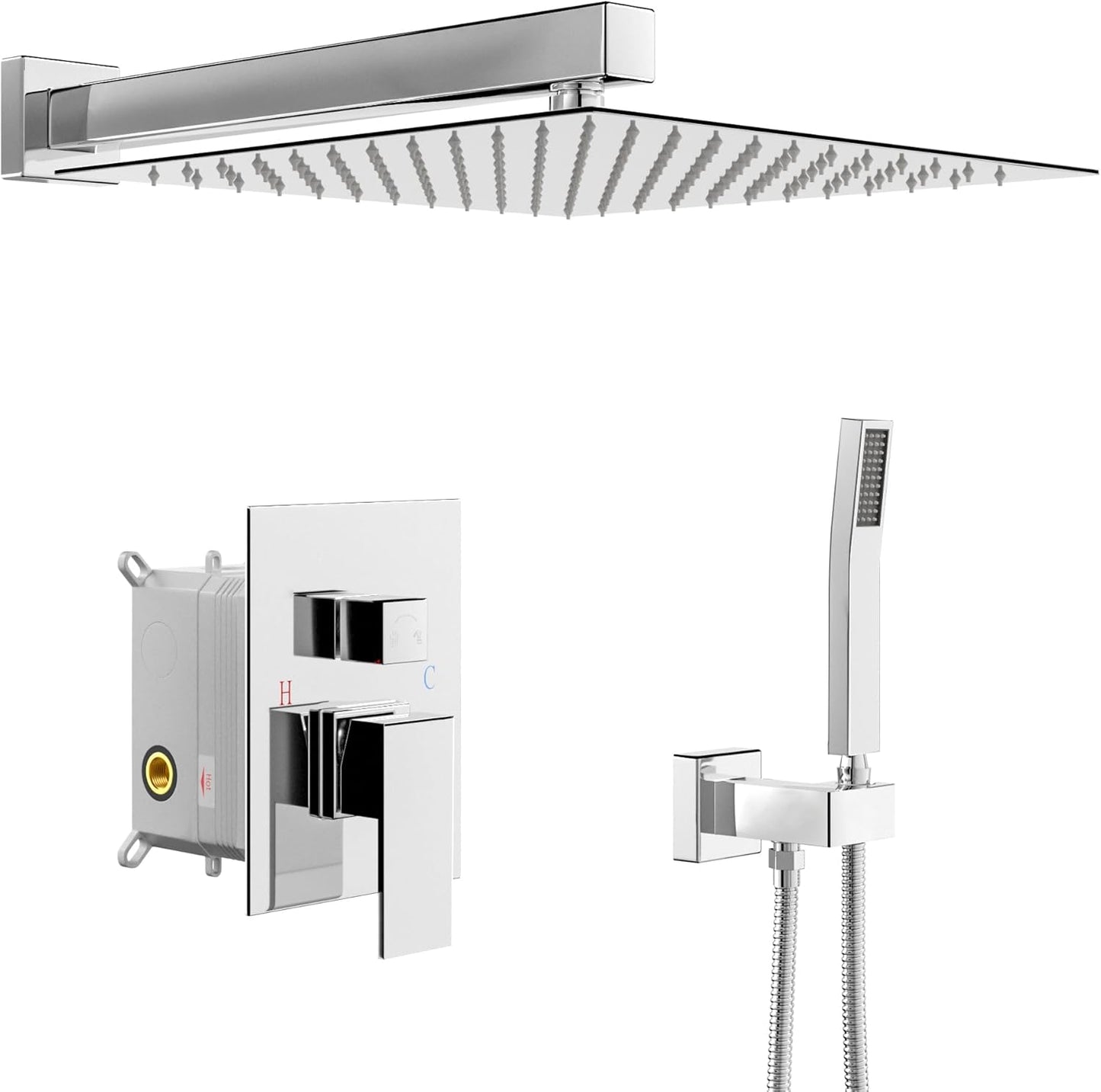 Lordear 12 Inch Rainfall Shower System Wall Mounted Shower Head Faucet Set Gold Brushed Stainless Steel Showerhead with Handheld Combo, Brass Valve Included