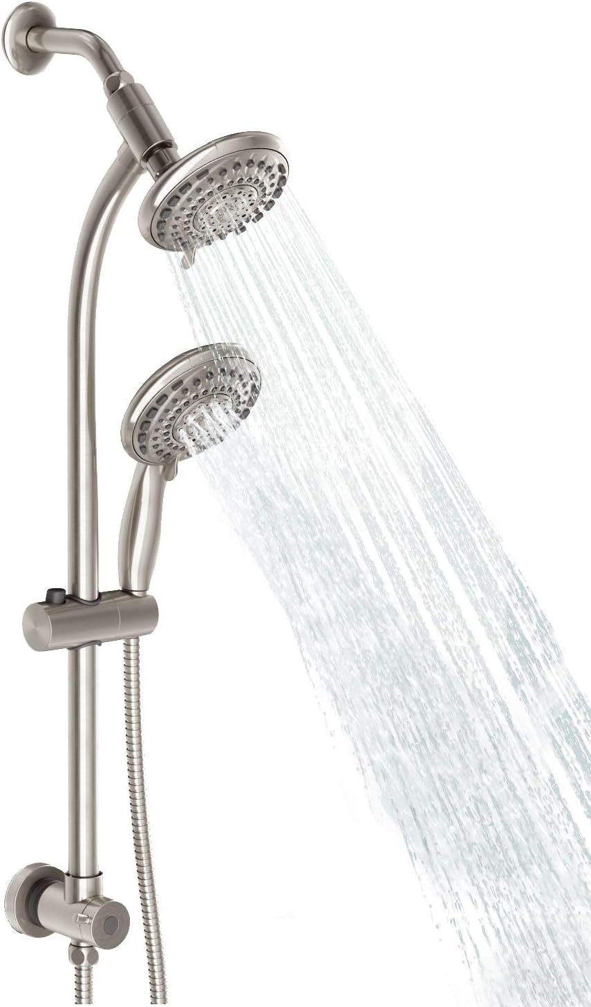 Handheld Showerhead & Rain Shower Combo for Easy Reach, 27.5" Drill-free Stainless Steel Slide Bar, 5”of 5-setting Handheld Shower and Showerhead, with 5ft Hose - Polished Chrome