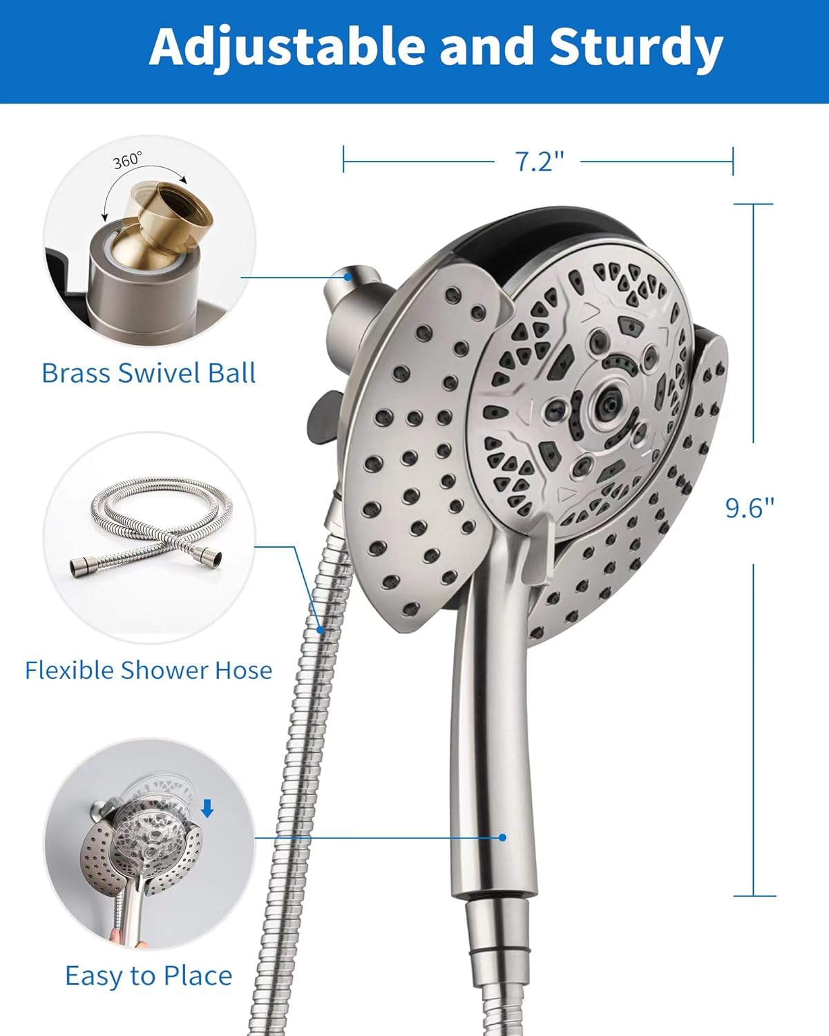 Shower Heads with Handheld Spray Combo: 7.2" Rainfall Shower Head & Handheld Shower Head 2-IN-1 Shower Head with 60" Rotatable Stainless Steel Hose Nickel, Shower Trim Systems