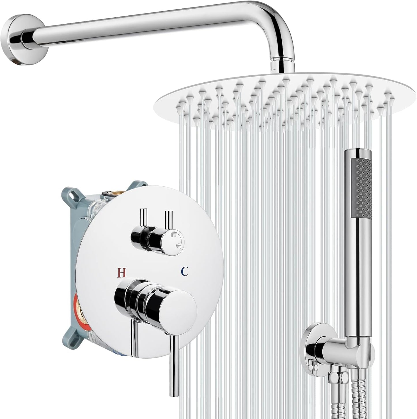 gotonovo Shower System 10 Inch Round Rainfall Showerhead Wall Mounted High Pressure Shower Faucet Set Fixture Combo with Rough in Valve and Cylindrical Handheld Spray, Matte Black