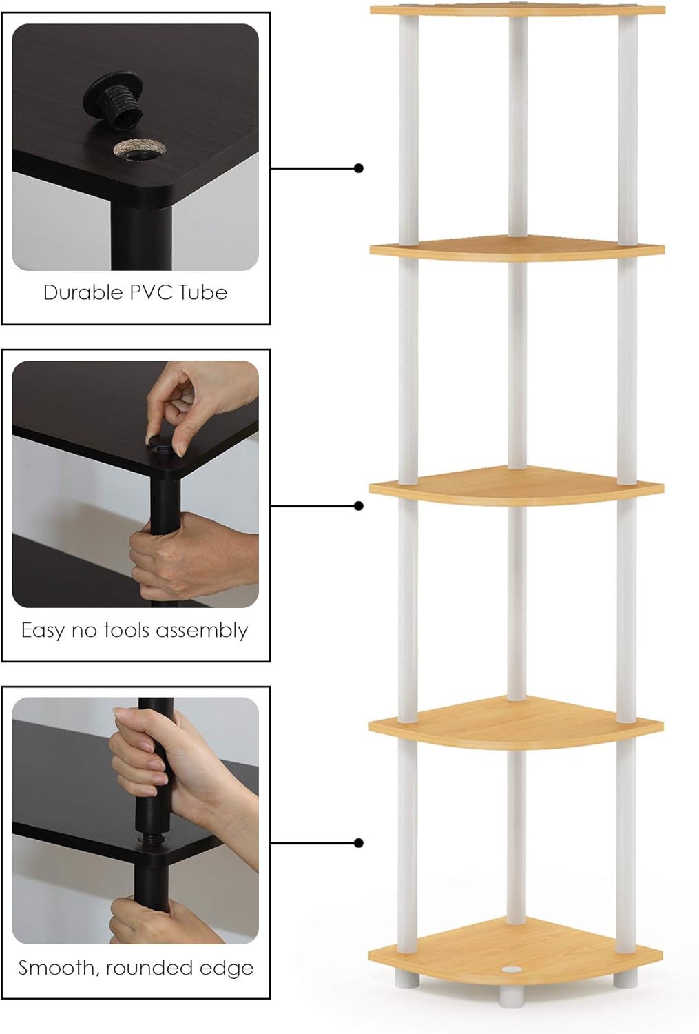 Furinno Turn-N-Tube 5 Tier Corner Display Rack Multipurpose Shelving Unit, 1-Pack, Beech/White