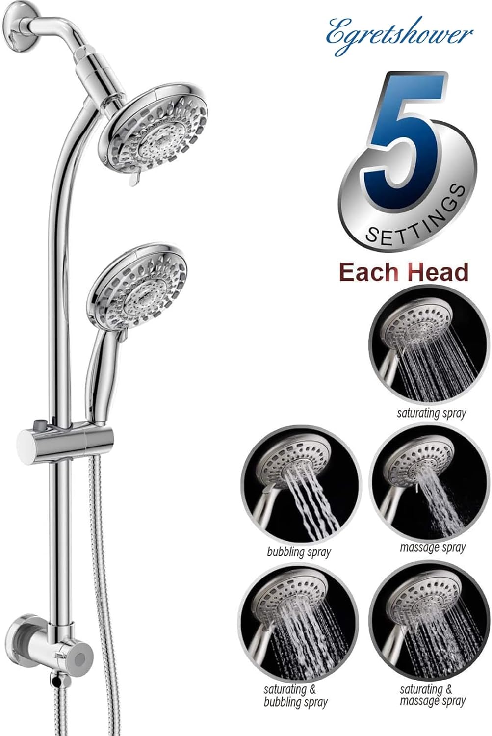 Handheld Showerhead & Rain Shower Combo for Easy Reach, 27.5" Drill-free Stainless Steel Slide Bar, 5”of 5-setting Handheld Shower and Showerhead, with 5ft Hose - Polished Chrome