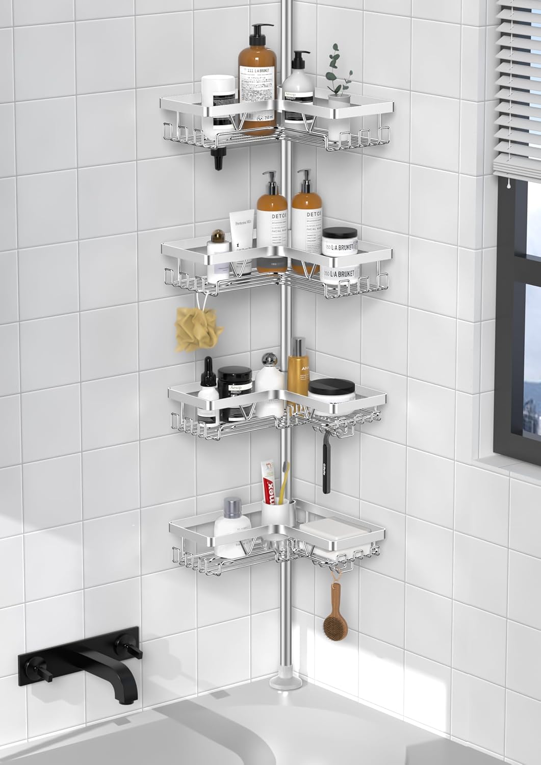 KEGII Corner Shower Caddy Tension Pole - Shower Tension Rod Organizer, Floor to Ceiling Shower Caddy 25-114.2 inch, Towel Rack Corner Waterproof, Black