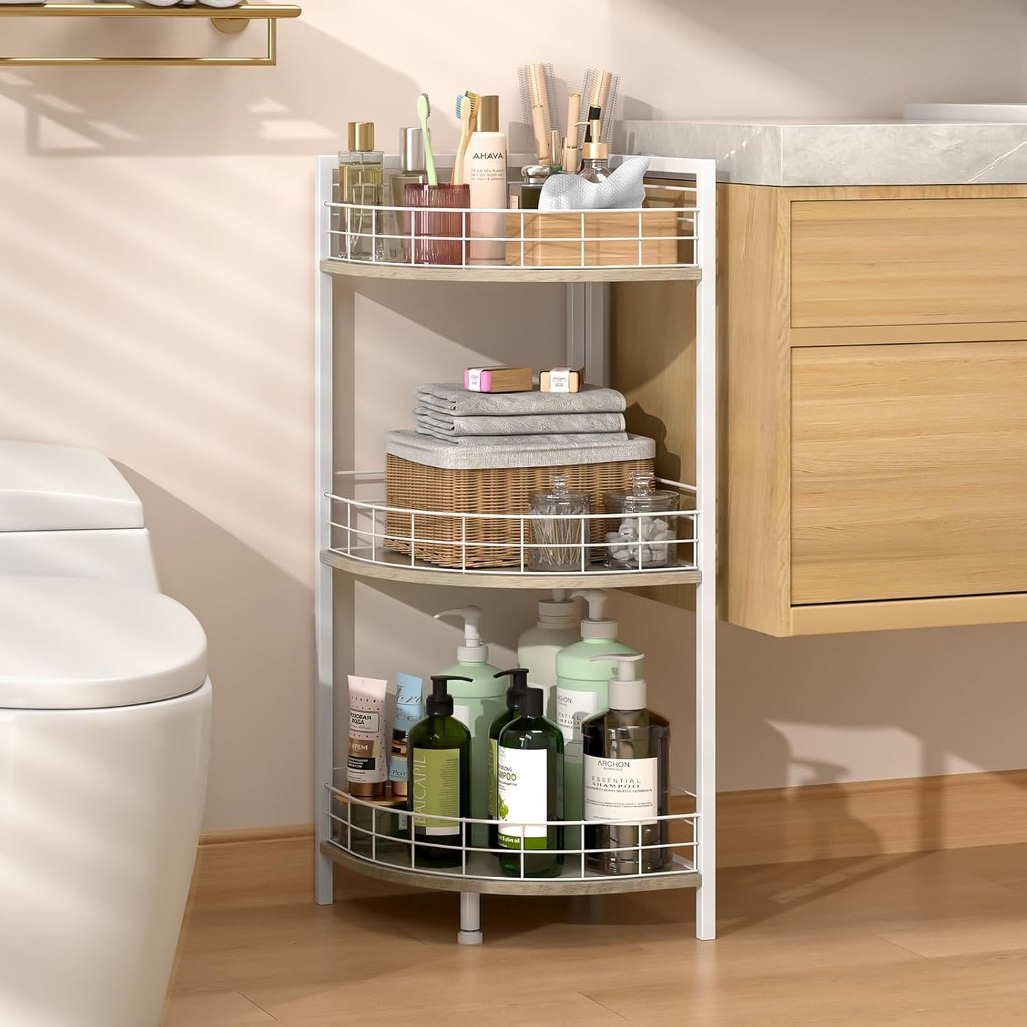 Bathroom Standing Shelf, 3 Tier Open Floor Shelves, Free-Standing Shelf Units, Triangular Curved Corner Shelf Stand for Small Space, Ideal for Bathroom,Kitchen,Vanity Storage and Organizer