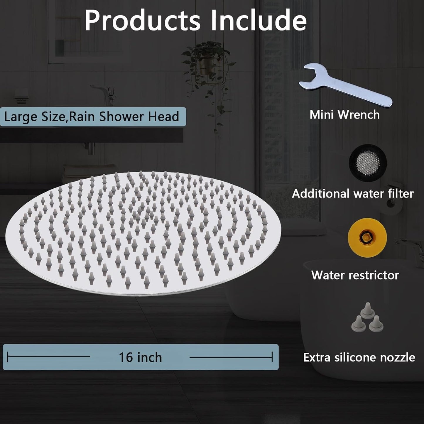 Rain Shower Head, Katezon High Flow Rainfall Showerhead Stainless Steel, Bathroom Waterfall Shower Universal Wall Ceiling Mount (16'', Chrome)