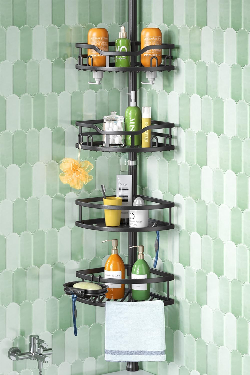 HAMITOR Corner Shower Caddy Tension Pole: Rustproof 4-Tier Bathroom Organizer Shelves for Bathtub Shampoo Storage - 47-121 Inch Quick Install Adjustable Rod Standing Rack with Soap Rack - Silver Gray
