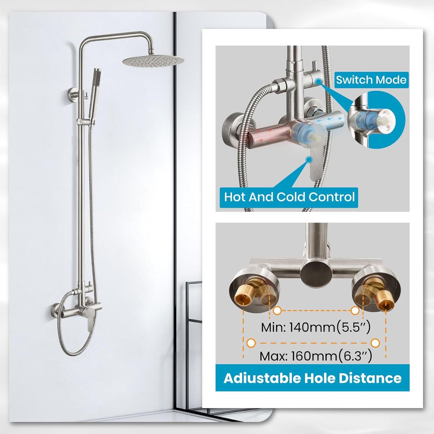 gotonovo Outdoor Shower Fixtures SUS304 Stainless Steel Rain Shower Kit Faucet High Pressure Wall Mount 2 Dual Function 8 Inch Showerhead and Handheld Spray Combo, Single Handle, Brushed Nickel
