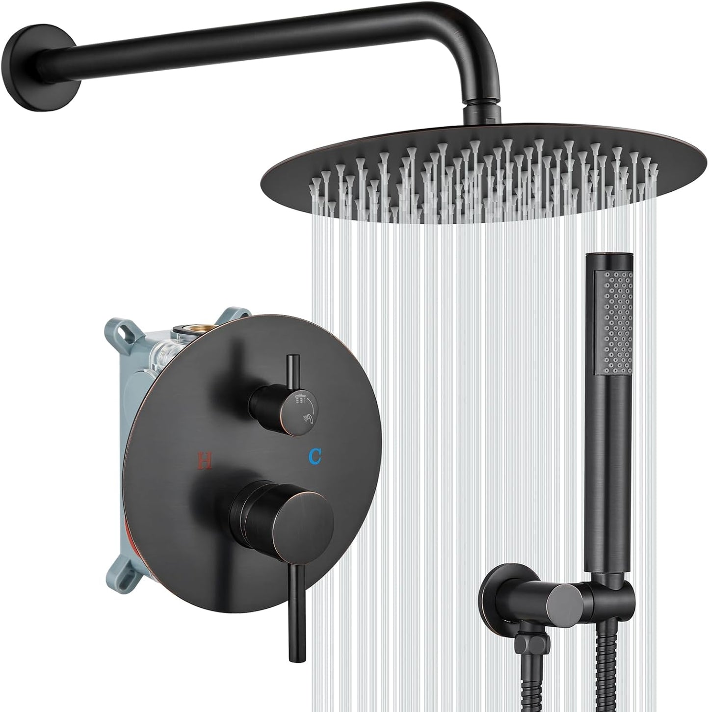 gotonovo Shower System 10 Inch Round Rainfall Showerhead Wall Mounted High Pressure Shower Faucet Set Fixture Combo with Rough in Valve and Cylindrical Handheld Spray, Matte Black