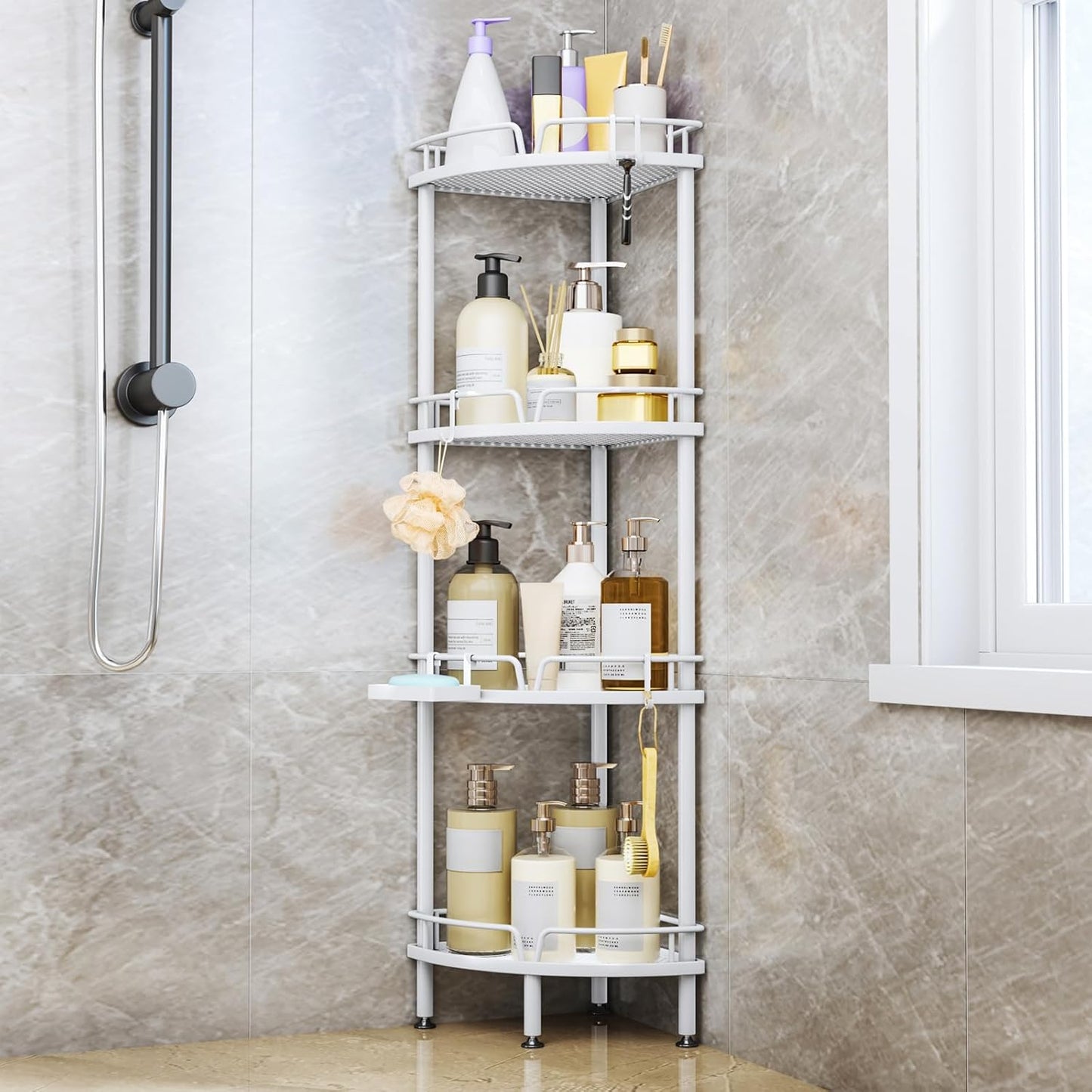Consumest Corner Shower Caddy Stand - 3 Tier Shower Organizer with Soap Holder, Tall Floor Corner Shelf Standing with Adjustable Feet & 4 Hooks, Storage Rack for Bathroom Black