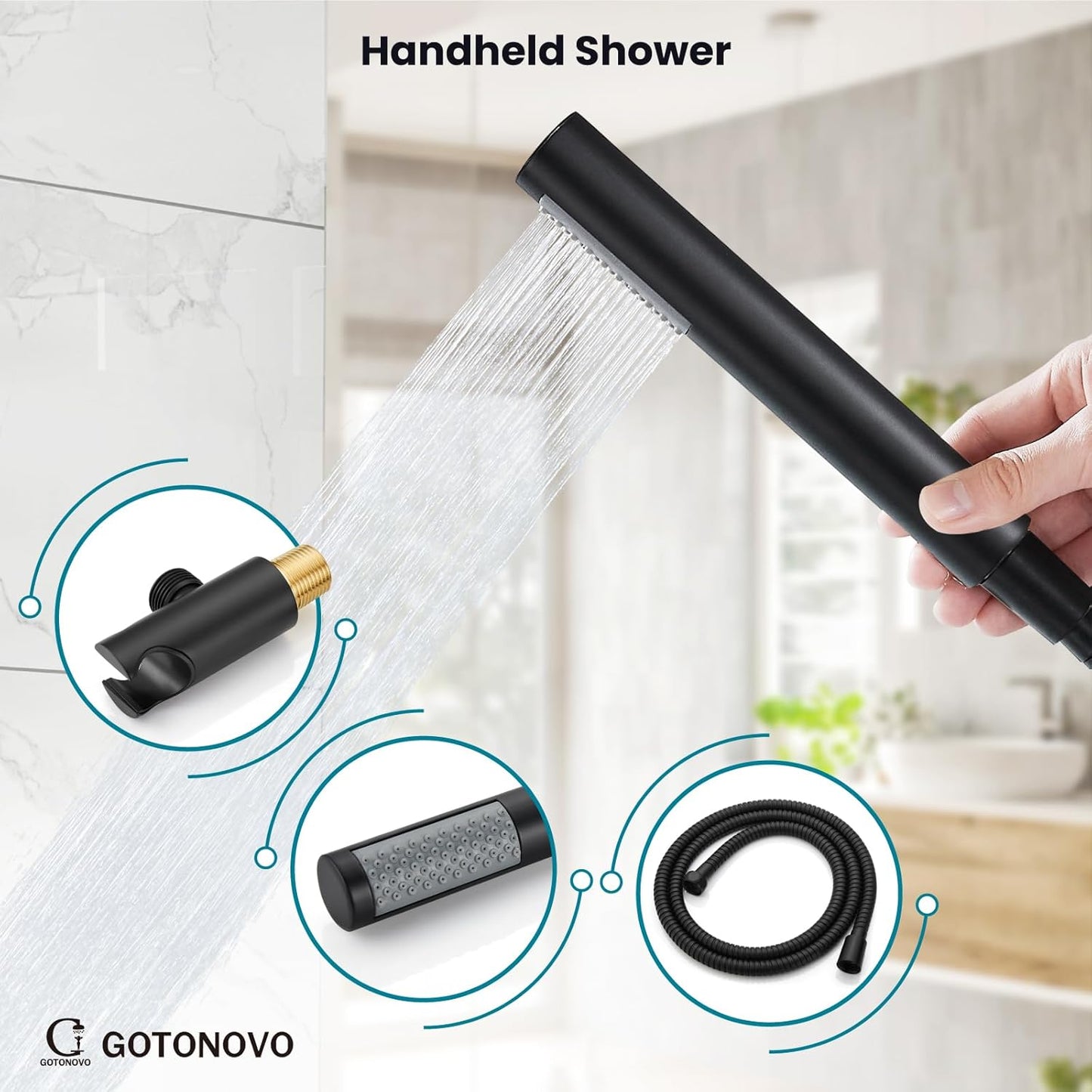 gotonovo Shower System 10 Inch Round Rainfall Showerhead Wall Mounted High Pressure Shower Faucet Set Fixture Combo with Rough in Valve and Cylindrical Handheld Spray, Matte Black