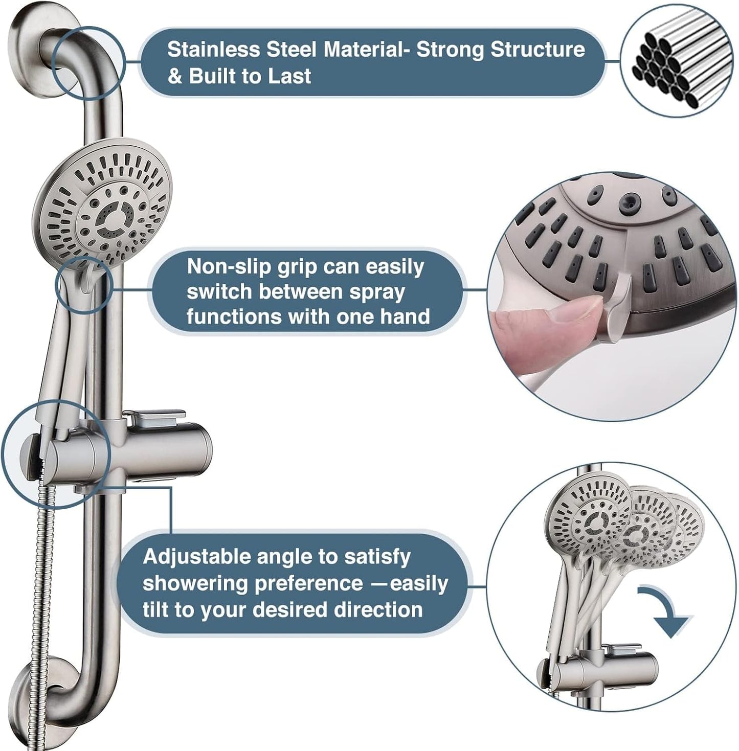 BRIGHT SHOWERS Stainless Steel Slide Bar Grab Rail Set Ada compliant Includes Handheld Shower Head and 69-Inch Hose (Brushed Nickel)