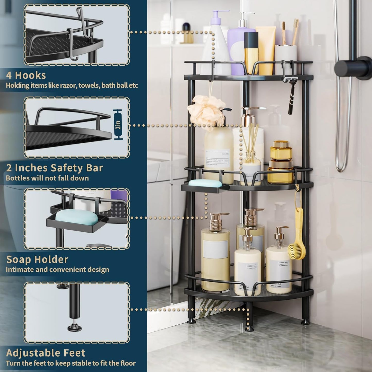 Consumest Corner Shower Caddy Stand - 3 Tier Shower Organizer with Soap Holder, Tall Floor Corner Shelf Standing with Adjustable Feet & 4 Hooks, Storage Rack for Bathroom Black